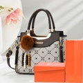 Beige and brown geometric patterned handbag with twin handles and shoulder strap - With Gift Box Bag Card