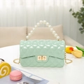 Quilted jelly shoulder bag in mint green with pearl handle and golden chain strap - Fruit Green