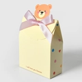Scatola regalo gialla con sagoma di orso arancione e decorazione con fiocco rosa - 9x4x11.5cm / Nastro Rosa