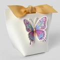 Elegant white embossed paper gift box with gold ribbon bow and 3D colorful butterfly - 5.7x6x10cm