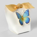 Off-white textured paper gift box with bright yellow bow and blue butterfly accent - 5.7x6x10cm