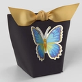 Elegant black gift box with gold silk bow and blue butterfly 3D embossed pattern - 5.7x6x10cm / Black - Blue Butterfly