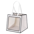 White trapezoid gift bag with clear window, black trim, and elegant silk handles - 30x30x30cm White Black Border