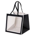 Matte black gift bag with square clear window and black ribbon handles for gifts - 30x30x30cm Black White Border