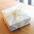 Beige organza ribbon with gold stars and Christmas trees on silver glitter gift box - White Christmas Tree Gold Stamping Flocked Style / White