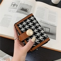 Short houndstooth wallet with brown leather trim and large button clasp detail - Brown Short Houndstooth
