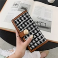 Long houndstooth wallet in black and white fabric with brown leather trim and button - Brown Long Houndstooth