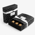 Square black gift box with white polka dots, ribbon bow, and drawer for chocolates - Black Snowflake (Polka Dot)