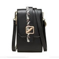 Minimalist black PU leather crossbody phone bag with vintage leaf print and feather buckle - Black
