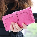 Rose pink long trifold matte leather wallet with flap closure and stitching details - Rose Red