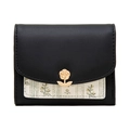 Détail du fermoir rose doré et du motif floral sur le portefeuille pliant noir pour femme - Noir