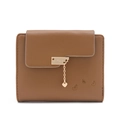 Short brown trifold wallet for women featuring golden heart pendant and embroidery - Brown