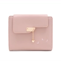 Pink short tri-fold faux leather wallet featuring heart embroidery and gold pendant - Pink