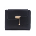 Women's black short leather wallet with gold heart pendant and embossed heart details - Black