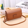 Brown leather women's multi-functional long wallet crossbody bag with double zippers - Brown
