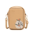 Light brown PU leather phone bag with minimalist leaf print and adjustable strap - Yellow