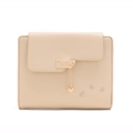 Beige trifold wallet with heart pendant and delicate embroidery on textured PU leather - Apricot