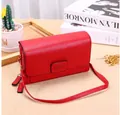 Elegant red leather crossbody wallet with multi-layer zippers and long shoulder strap - Red