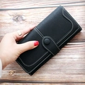 Portefeuille long pour femme en cuir noir grainé avec surpiqûres blanches contrastées - Noir