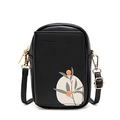 Black PU leather crossbody phone bag with artistic plant print and adjustable strap - Black