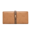 Detail showing embroidered leaf pattern and metal leaf buckle on light brown wallet - Orange