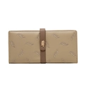 Detail of leaf embroidery and gold metal hardware on khaki leather long wallet - Apricot