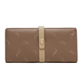 Detail of leaf embroidery and gold leaf metal buckle on brown faux leather wallet - Brown