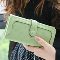 Pale green matte leather long trifold wallet for women with vintage stitching detail - Fruit Green
