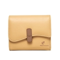 Short tri-fold women's wallet in light yellow PU leather with wavy edge and brand logo - Yellow