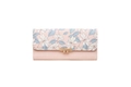 Detail view of pink long wallet featuring floral print flap and gold metal snap closure - Pink
