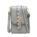 Grey vertical leather crossbody phone bag with gold feather buckle and floral strap - Grey Blue