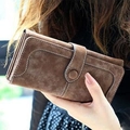 Dark brown matte leather tri-fold long wallet for women with decorative white stitching - Coffee
