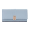 Front view of light blue long leather wallet with gold metal ring buckle and embossed logo - Sky Blue