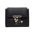 Portafoglio corto in pelle PU nera con stampa floreale bianca e placca logo dorata - Nero