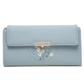 Portefeuille long pliable bleu clair avec motif floral et logo doré pour femmes - Bleu Ciel