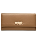 Detail of brown faux leather wallet with three gold leaf-engraved metallic buttons - Brown