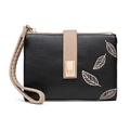 Detailed view of black pebbled leather wallet featuring leaf patterns and a wrist strap - Black