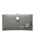 Close-up of deep gray matte leather long wallet with white lotus print and golden clasp - Green