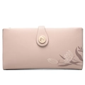 Detail of pink long wallet showing textured PU leather and branded golden metal snap buckle - Pink