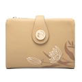 Cartera corta de cuero beige con elegante estampado de loto y hebilla metálica redonda - Amarillo