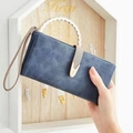Navy blue frosted long wallet for women featuring a minimalist design and wrist strap - Sapphire Blue