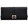 Detail of elegant black satin long wallet with a golden flower buckle and vertical stitching - Black