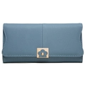 Close-up of blue-grey long wallet featuring white stitching and a gold floral metal buckle - Blue