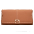 Detail of a brown leather long wallet with contrast stitching and golden flower buckle - Orange