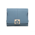 Front view of light blue PU leather wallet with golden floral square buckle and stitching - Sky Blue