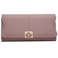 Close-up of pink leather wallet featuring golden flower clasp and vertical stitching - Dark Pink