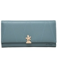 Macro shot of blue-grey pebble leather wallet featuring golden leaf buckle and V-shaped stitching - Dark Blue