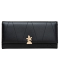 Detail view of black pebble leather wallet with V-shaped stitching and gold flower clasp - Black