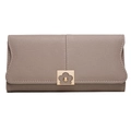 Detailed view of taupe long wallet featuring parallel stitching and gold floral buckle - Warm Grey