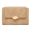 Short khaki wallet with leaf buckle and textured leaf patterns for women - Apricot